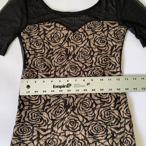 Vintage Manito Bodycon Dress Women Medium Tan Black Floral Rose Sheer Mesh Party - Picture 11 of 12